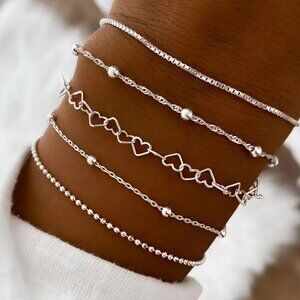 NEW Set of 5 silver bracelets / anklets heart, chain, adjustable silver bracelet